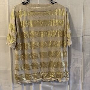 Chicos Womens Metallic Gold Beige Striped Linen Rayon Tunic Shirt Top 2 L